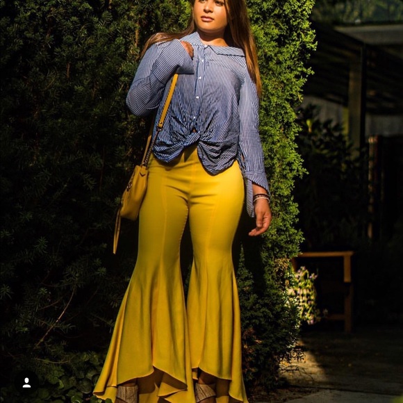 yellow flare pants outfit